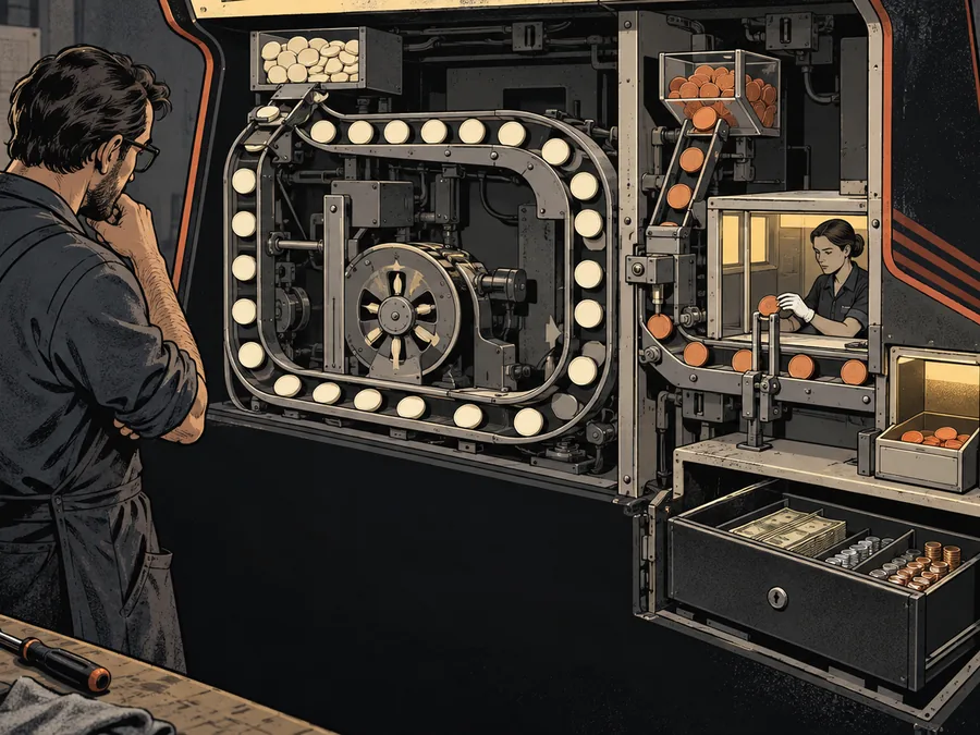An adult technician inspects an arcade cabinet with separate routes for entertainment and promotional tokens.