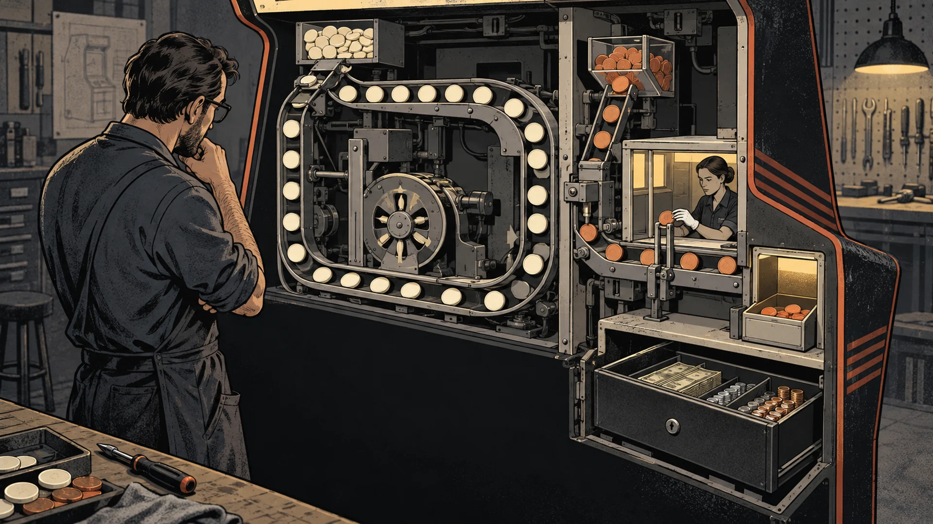 An adult technician inspects an arcade cabinet with separate routes for entertainment and promotional tokens.