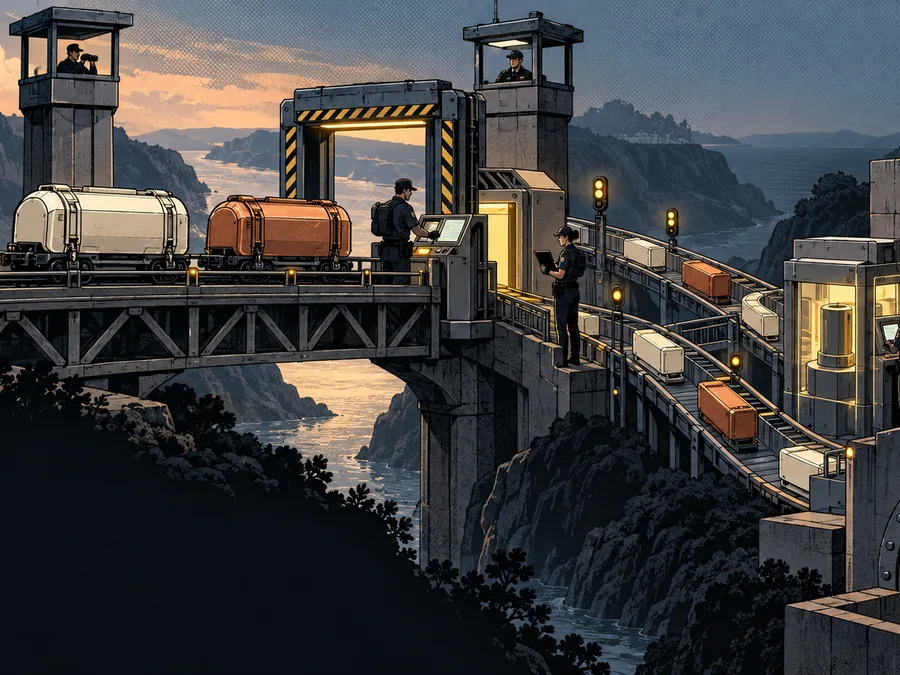 Two plain token carriages pass through a staffed processing gate and branch toward settlement routes.