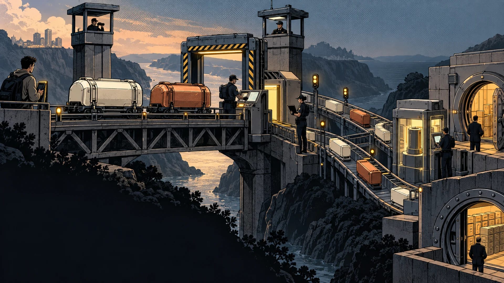 Two plain token carriages pass through a staffed processing gate and branch toward settlement routes.