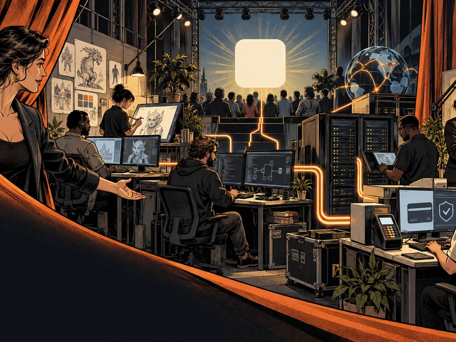 A theatre curtain reveals the adult teams and production systems behind an online gambling product.