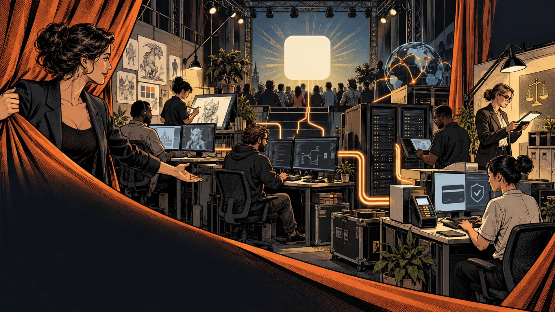 A theatre curtain reveals the adult teams and production systems behind an online gambling product.