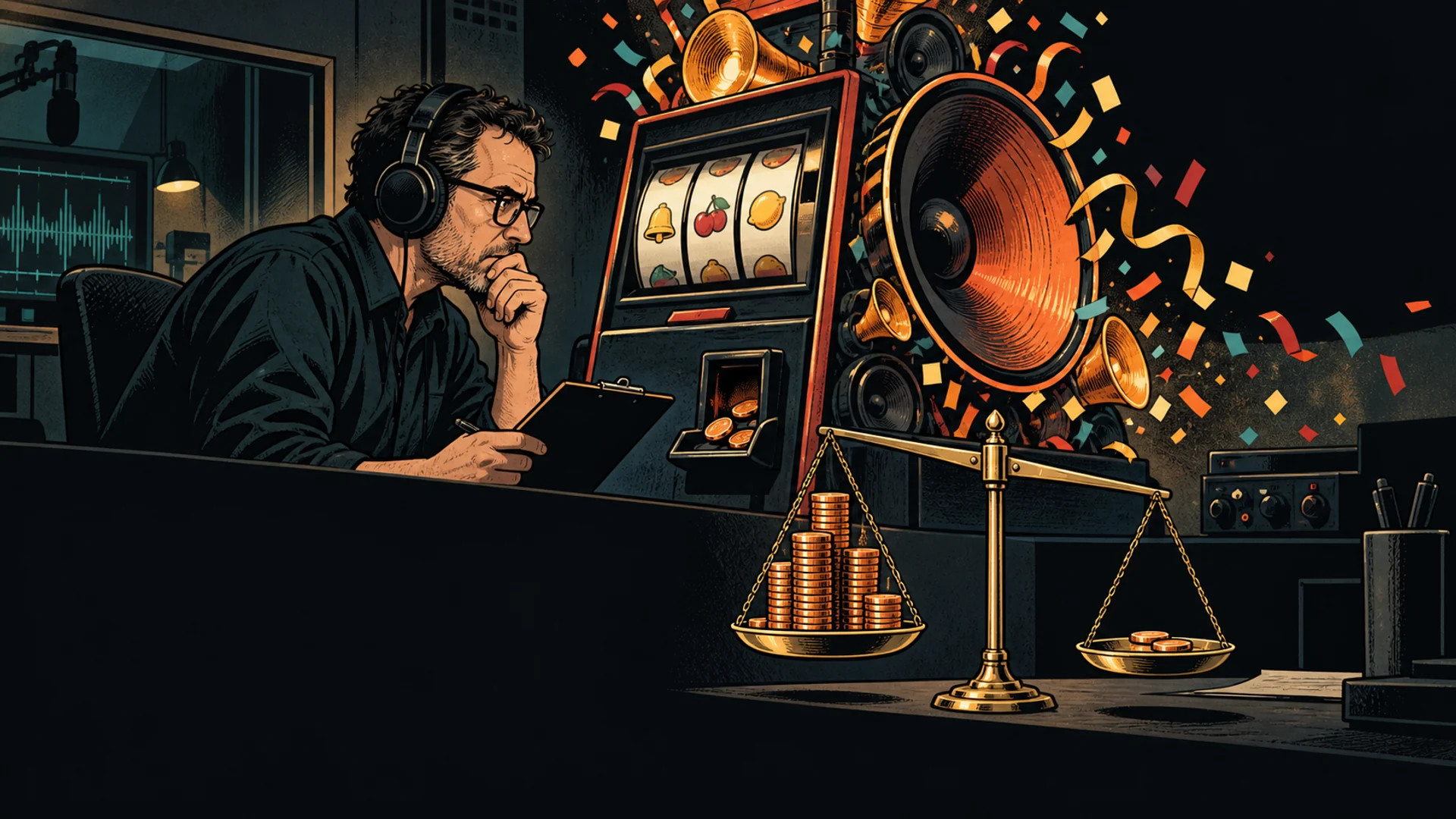 An audio engineer compares a small coin return with an oversized speaker burst beside a generic slot interface.