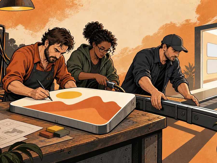 Three workers assemble and route an abstract game tile in an editorial comic workshop.