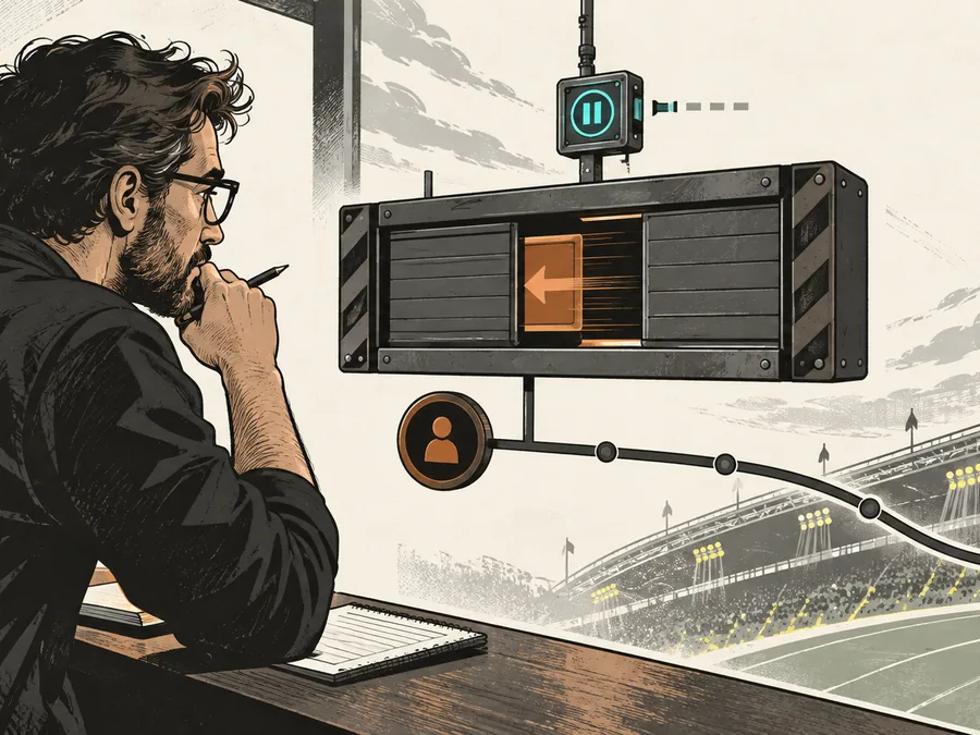 A fictional live-betting editor watches a cash-out quote retract behind shutters while the original bet line continues toward an abstract stadium.