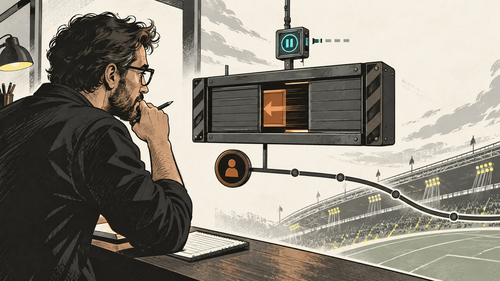 A fictional live-betting editor watches a cash-out quote retract behind shutters while the original bet line continues toward an abstract stadium.