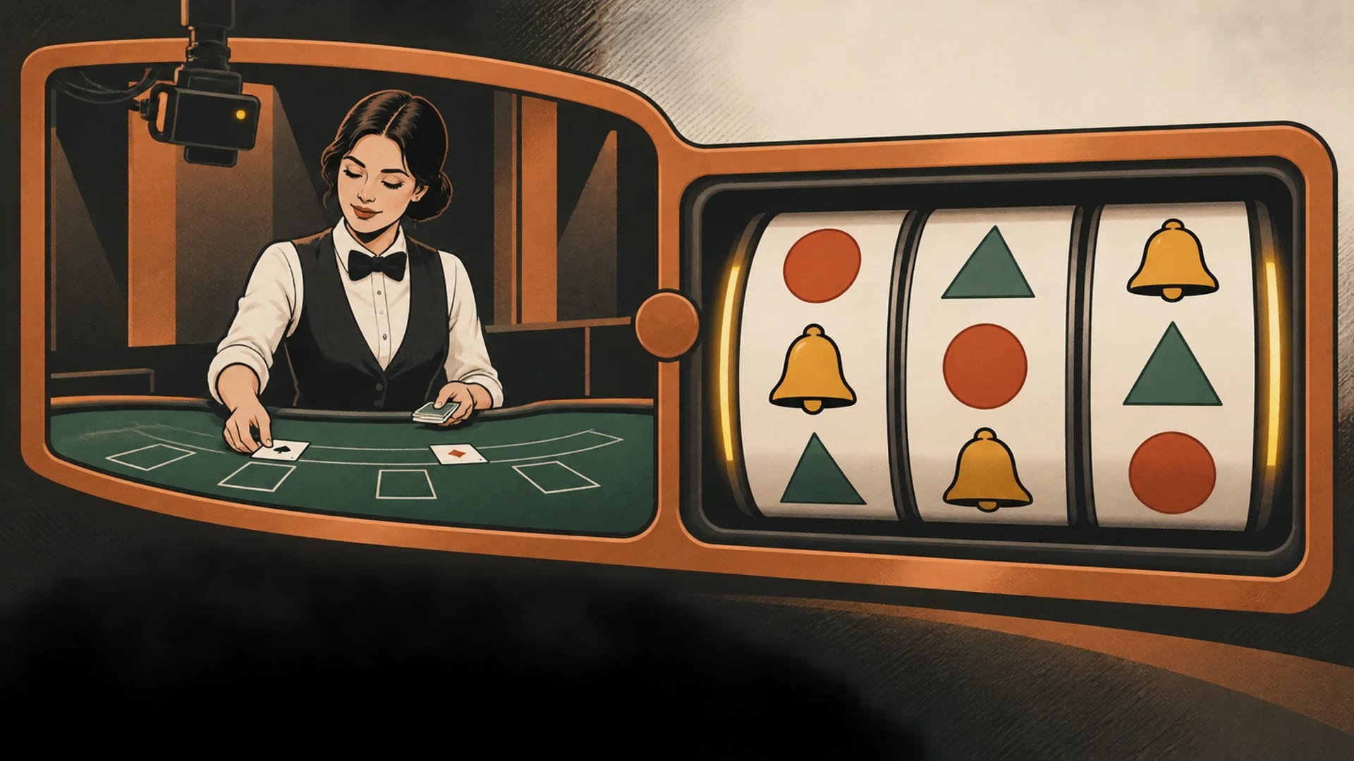 A fictional live casino dealer works at a green blackjack table beside three large online slot reels, with both products held in one copper supplier frame.