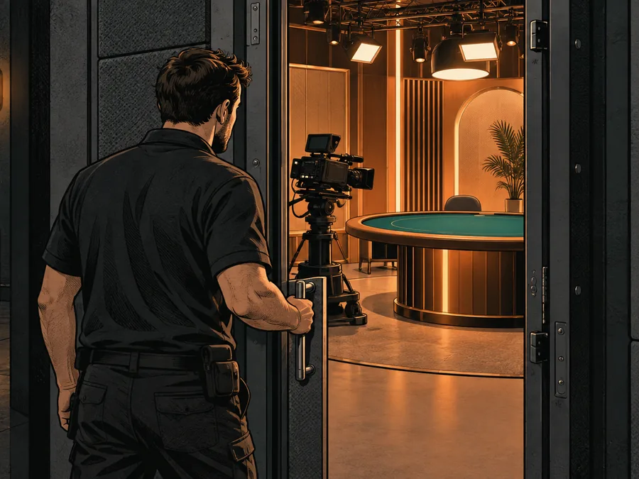 An adult studio technician opens the heavy door of a compact broadcast room with a camera and a generic live table.