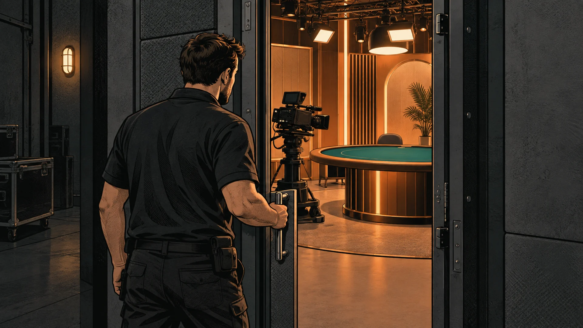 An adult studio technician opens the heavy door of a compact broadcast room with a camera and a generic live table.