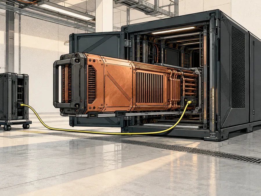 A graphite sportsbook engine stands open as a copper pricing module moves into its chassis while one yellow live-data cable remains connected to an external supplier dock.