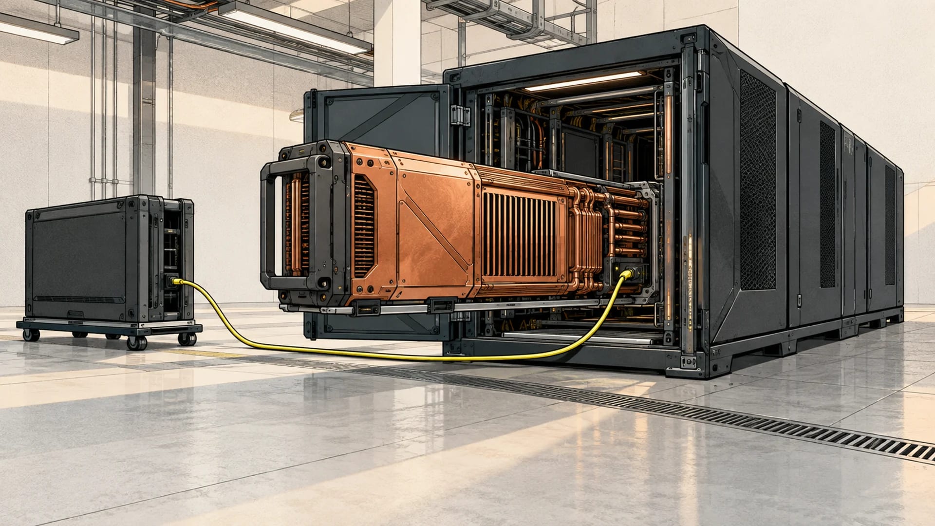 A graphite sportsbook engine stands open as a copper pricing module moves into its chassis while one yellow live-data cable remains connected to an external supplier dock.