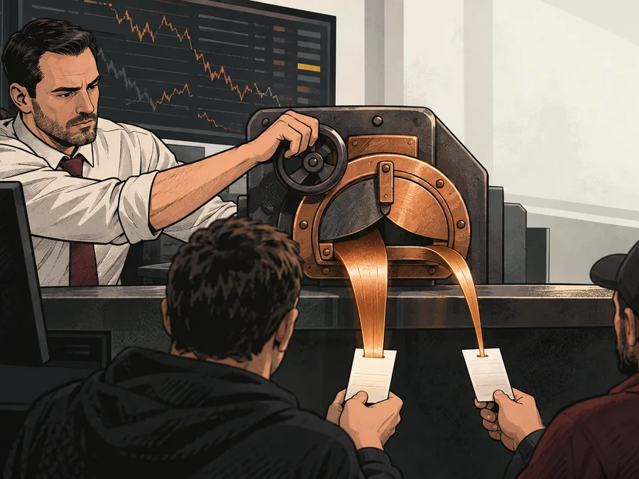 A sportsbook risk analyst adjusts a mechanical aperture between a market board and two adult customers placing generic betting slips.
