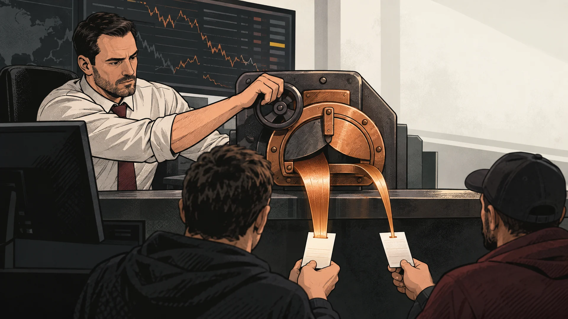 A sportsbook risk analyst adjusts a mechanical aperture between a market board and two adult customers placing generic betting slips.