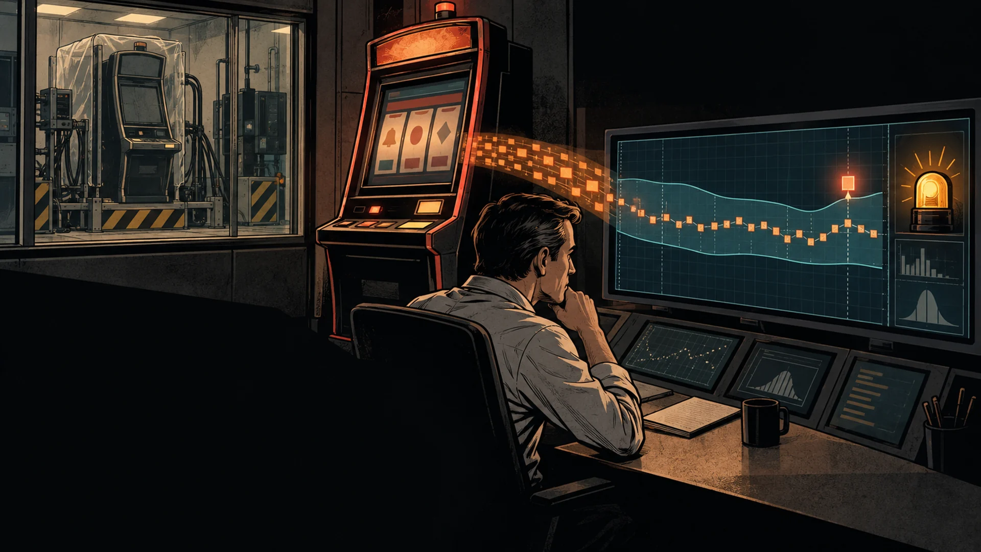 A casino operations analyst watches a generic game machine feed transactions into a statistical monitoring console.