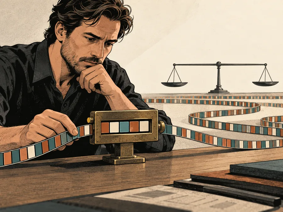 A fictional game mathematician studies five abstract outcome tiles through a small viewer while a much longer tile ribbon crosses the workbench.
