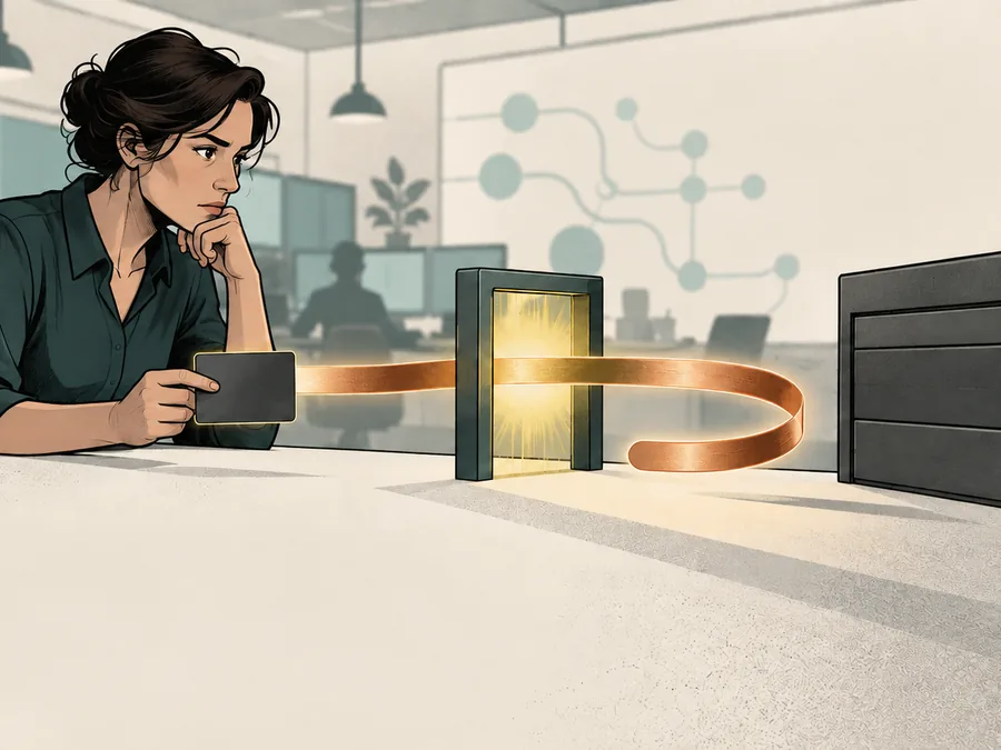A fictional payments analyst follows a copper card-payment path through an authorisation gate before it curls back from an uncredited ledger drawer.