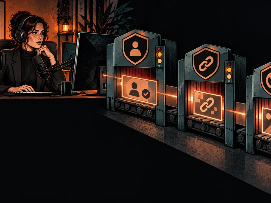 An adult creator sits at a streaming desk while separate platform, advertising and licensing gates frame the broadcast.
