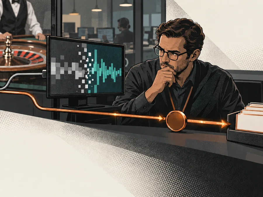 A fictional live-casino operations analyst traces one accepted wager past a broken video monitor toward a recorded table result and account ledger.