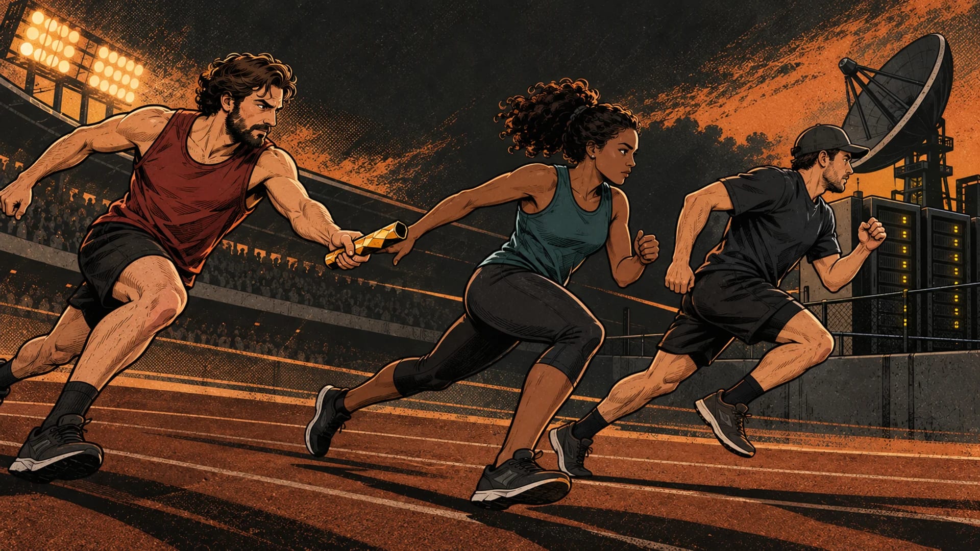 Three relay runners carry a copper signal baton past a stadium and data equipment.