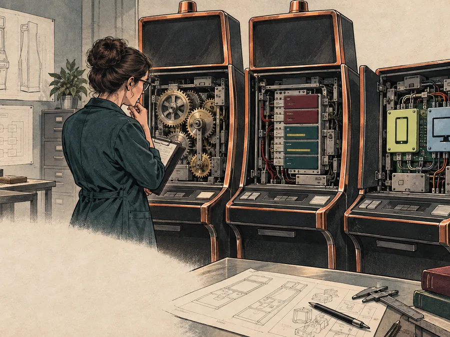 A casino-game conservator compares three similar cabinets with different certified mechanisms and controls.