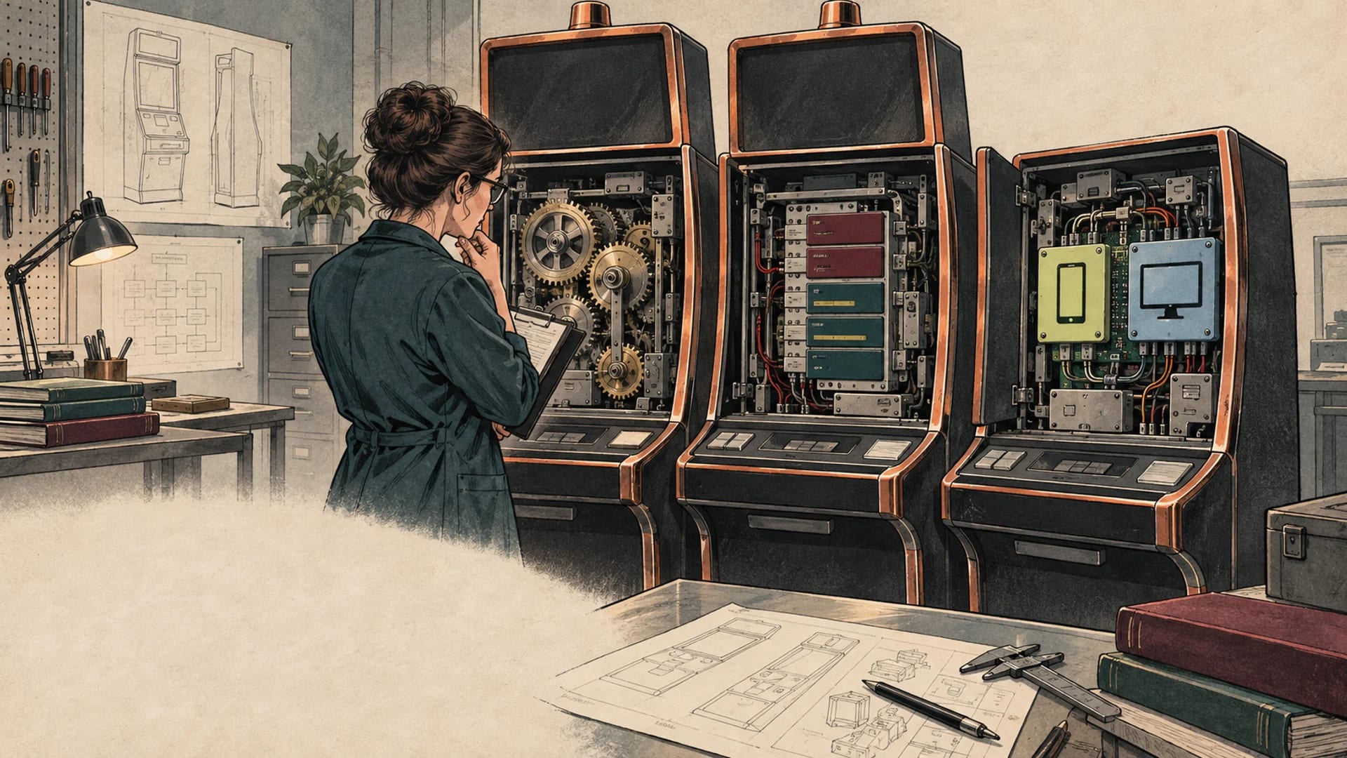 A casino-game conservator compares three similar cabinets with different certified mechanisms and controls.