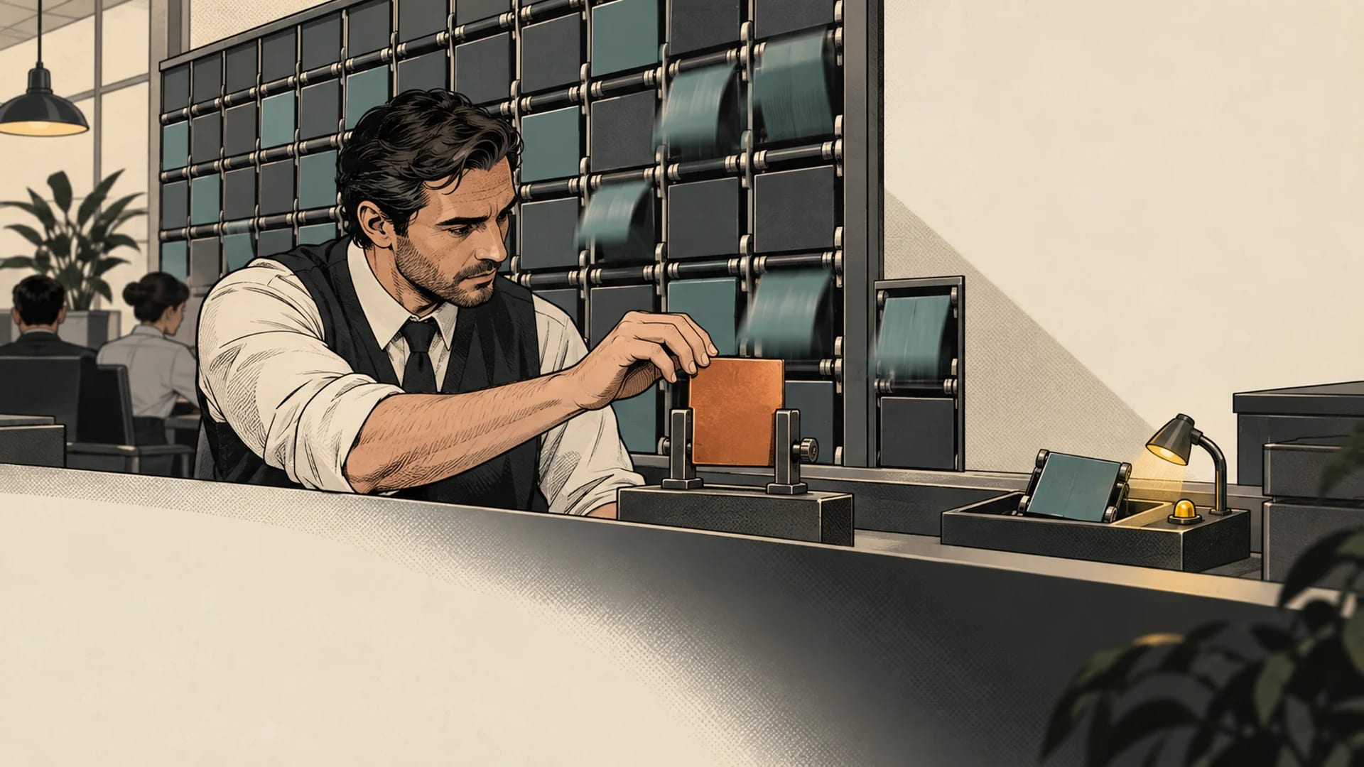 A fictional sportsbook market editor steadies one copper ticket in a clamp while blank price tiles move behind it and a separate tile waits for error review.