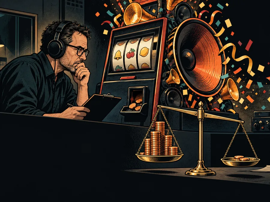 An audio engineer compares a small coin return with an oversized speaker burst beside a generic slot interface.
