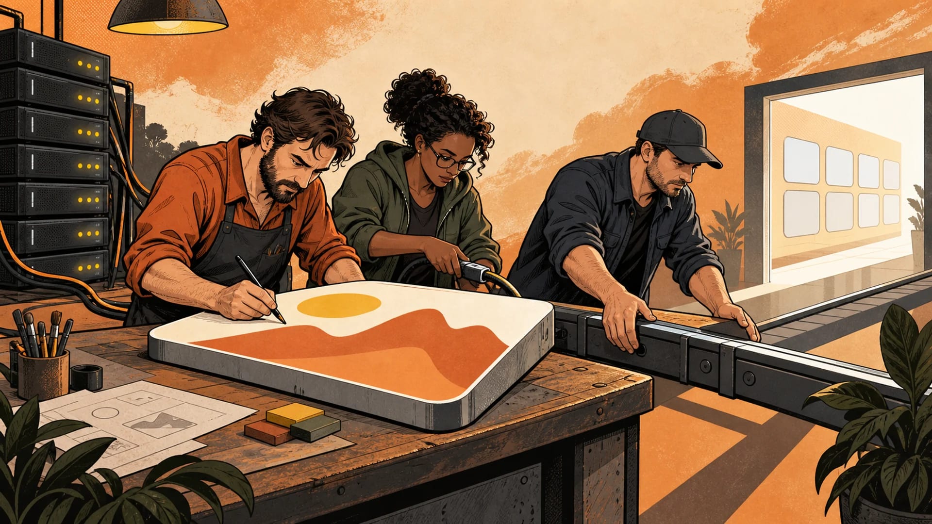 Three workers assemble and route an abstract game tile in an editorial comic workshop.