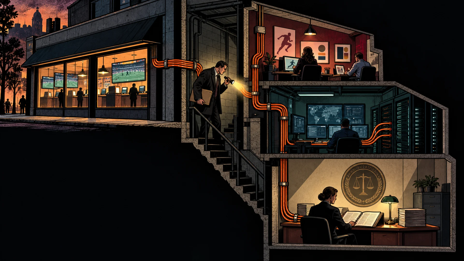 A licensing investigator traces one generic sportsbook shopfront to a brand desk, a platform room and a licensed operator office.