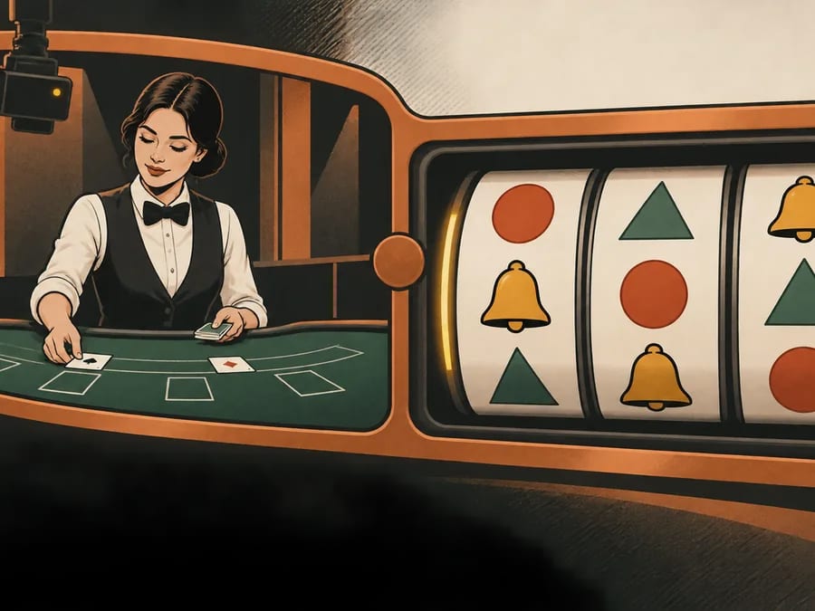 A fictional live casino dealer works at a green blackjack table beside three large online slot reels, with both products held in one copper supplier frame.