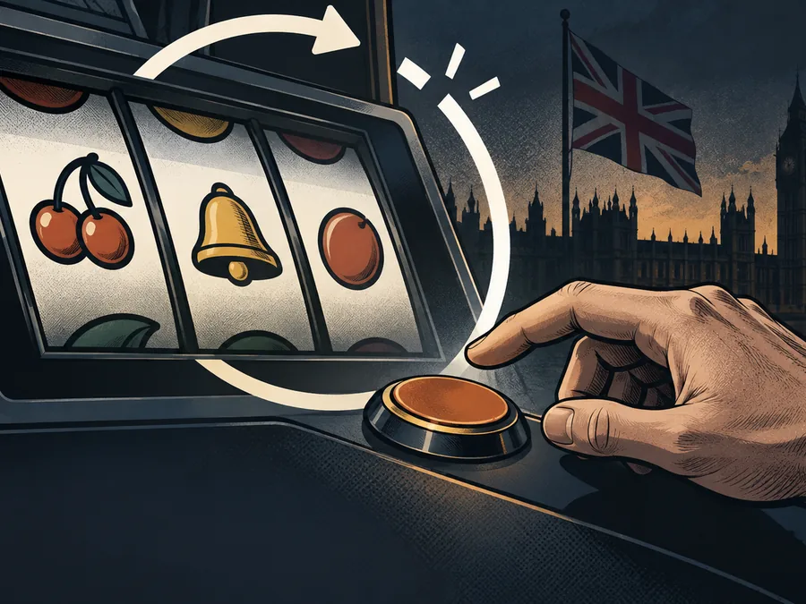 A comic-style slot machine stands beside a paused circular loop as an adult hand waits to press the next-round button, with the British flag in the background.