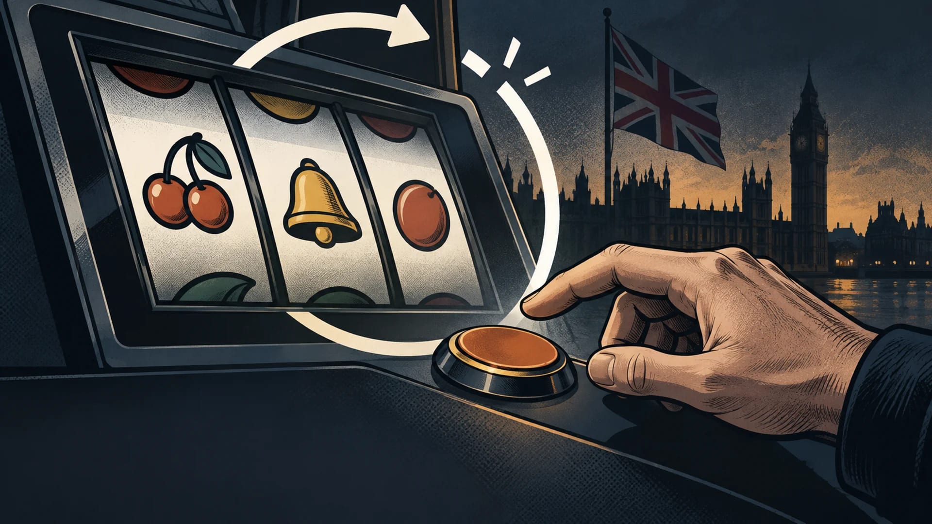 A comic-style slot machine stands beside a paused circular loop as an adult hand waits to press the next-round button, with the British flag in the background.