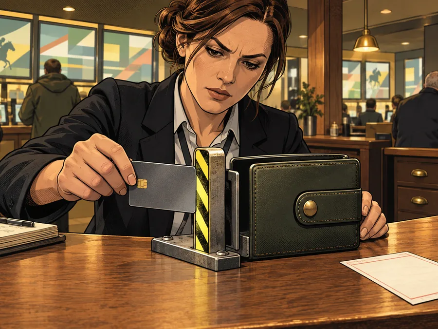 A fictional bookmaker payments analyst stops a credit card at a mechanical barrier before it can fund an e-wallet.