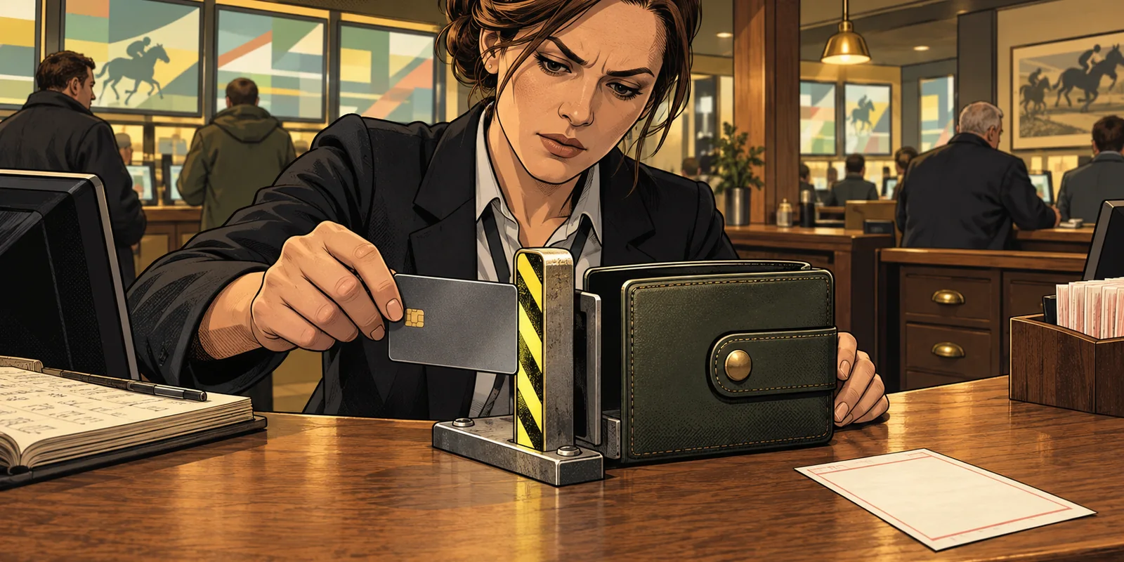 A fictional bookmaker payments analyst stops a credit card at a mechanical barrier before it can fund an e-wallet.