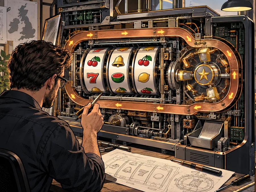 A comic-style casino game designer inspects a slot machine cutaway whose reels and paid feature share a continuous copper game-cycle path.