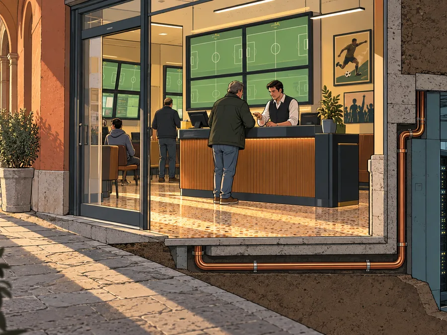 A fictional Italian bookmaker shop connects through a copper conduit to an online operations room.