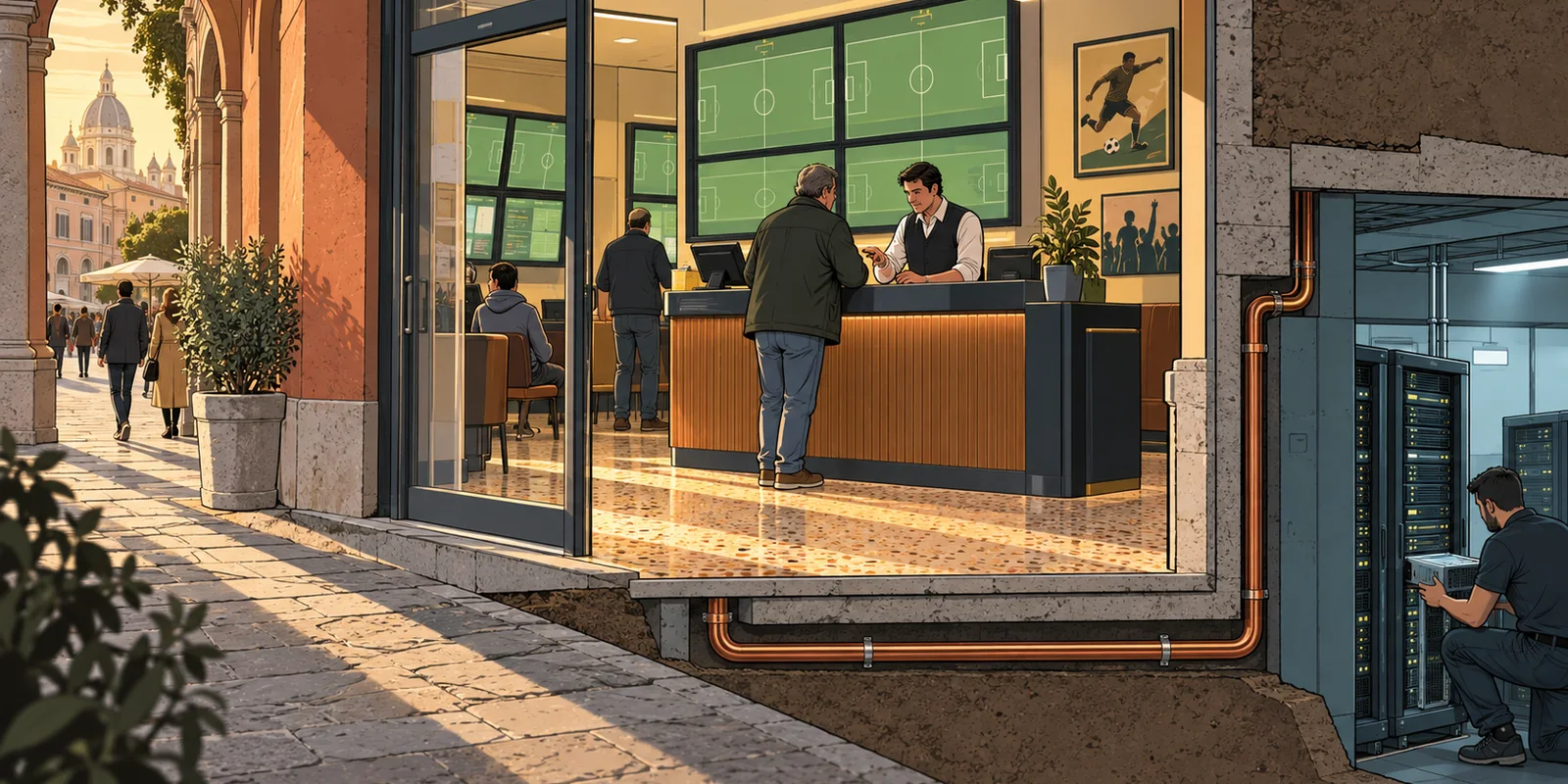A fictional Italian bookmaker shop connects through a copper conduit to an online operations room.