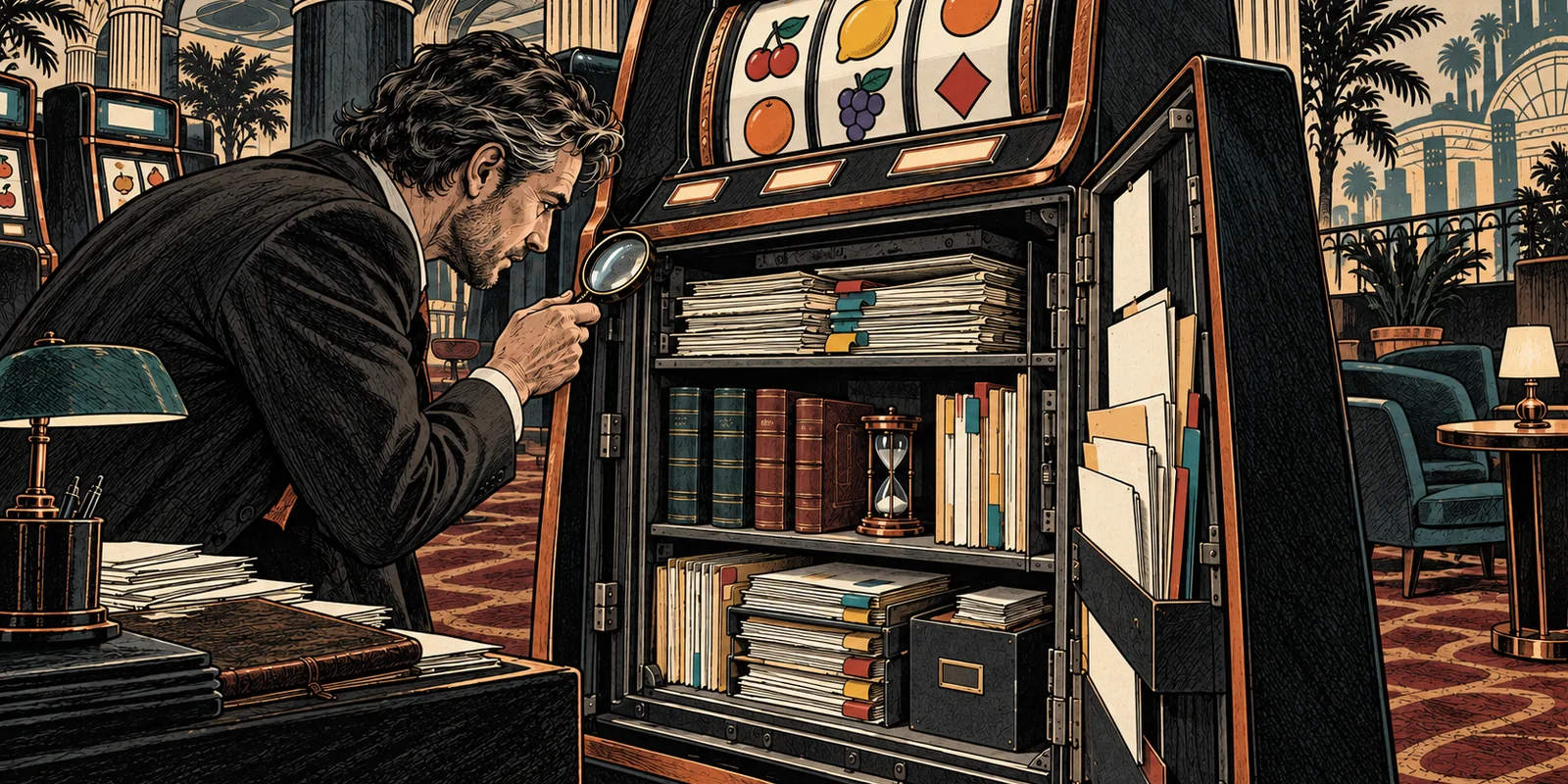 A comic-style investigator examines the licensing folders and registry volumes revealed inside an opened unbranded casino slot cabinet.